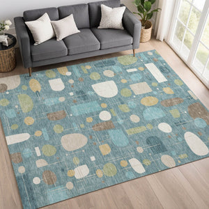 HomeRoots 8' X 10' Geometric Teal Blue, Ivory & Green Area Rug - Washable, Durable for Indoor & Outdoor Use 690234