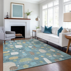 HomeRoots 8' X 10' Geometric Teal Blue, Ivory & Green Area Rug - Washable, Durable for Indoor & Outdoor Use 690234