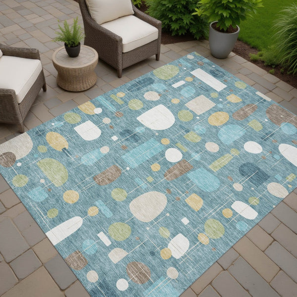 HomeRoots 8' X 10' Geometric Teal Blue, Ivory & Green Area Rug - Washable, Durable for Indoor & Outdoor Use 690234