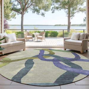 HomeRoots 8' Vibrant Round Abstract Area Rug in Artichoke Green, Purple & Khaki – Washable & Durable Design! 690239