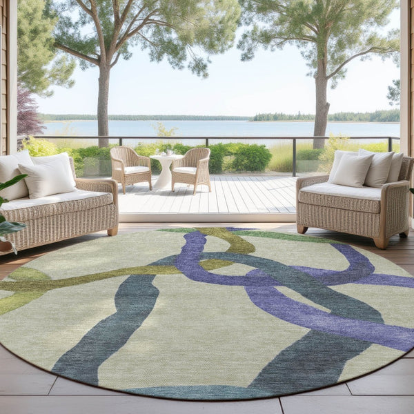 HomeRoots 8' Vibrant Round Abstract Area Rug in Artichoke Green, Purple & Khaki – Washable & Durable Design! 690239