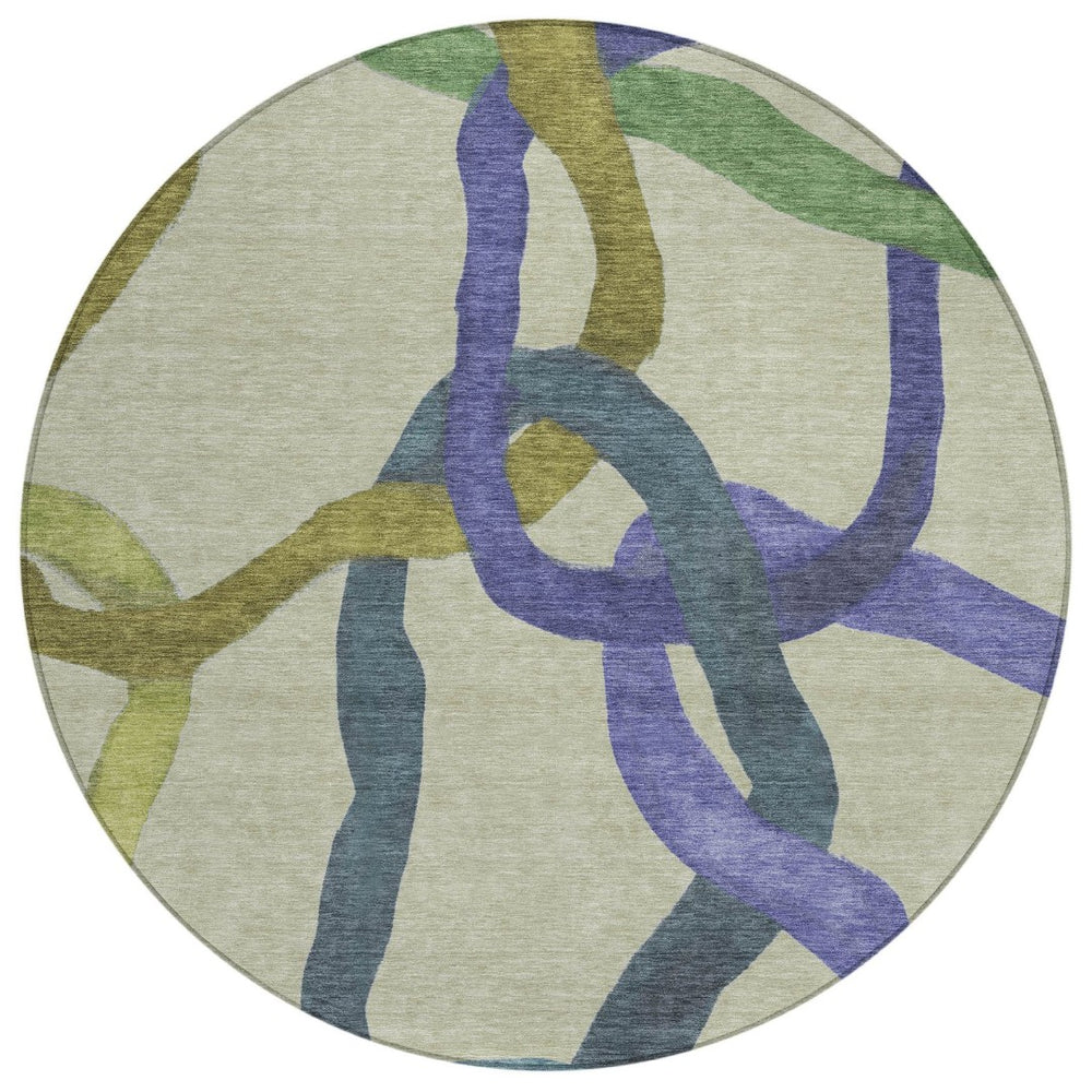 HomeRoots 8' Vibrant Round Abstract Area Rug in Artichoke Green, Purple & Khaki – Washable & Durable Design! 690239