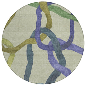 HomeRoots 8' Vibrant Round Abstract Area Rug in Artichoke Green, Purple & Khaki – Washable & Durable Design! 690239