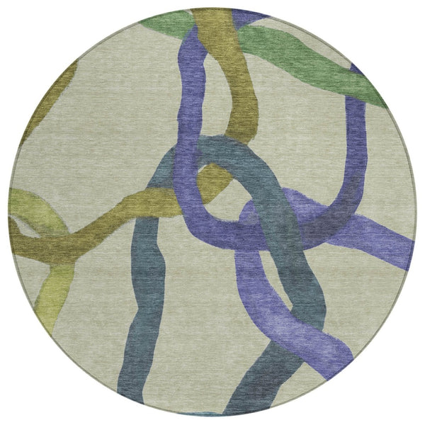 HomeRoots 8' Vibrant Round Abstract Area Rug in Artichoke Green, Purple & Khaki – Washable & Durable Design! 690239