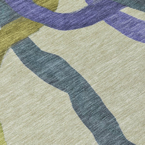 HomeRoots 8' Vibrant Round Abstract Area Rug in Artichoke Green, Purple & Khaki – Washable & Durable Design! 690239