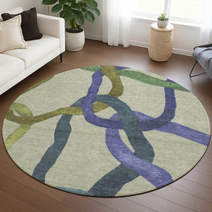HomeRoots 8' Vibrant Round Abstract Area Rug in Artichoke Green, Purple & Khaki – Washable & Durable Design! 690239