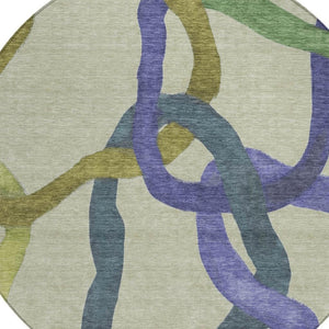 HomeRoots 8' Vibrant Round Abstract Area Rug in Artichoke Green, Purple & Khaki – Washable & Durable Design! 690239