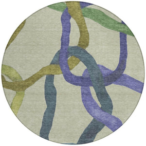 HomeRoots 8' Vibrant Round Abstract Area Rug in Artichoke Green, Purple & Khaki – Washable & Durable Design! 690239