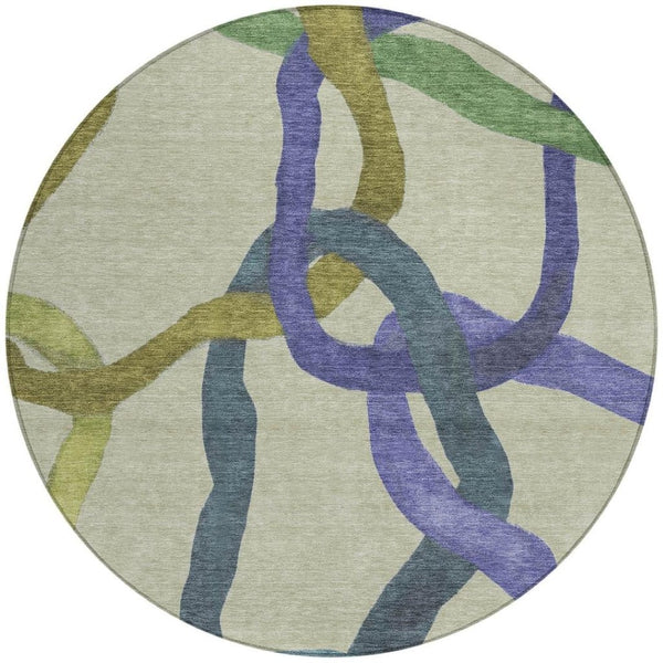 HomeRoots 8' Vibrant Round Abstract Area Rug in Artichoke Green, Purple & Khaki – Washable & Durable Design! 690239