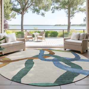HomeRoots 8' Round Abstract Area Rug in Beige, Blue & Green – Washable, Stain-Resistant for Indoor/Outdoor Use 690245