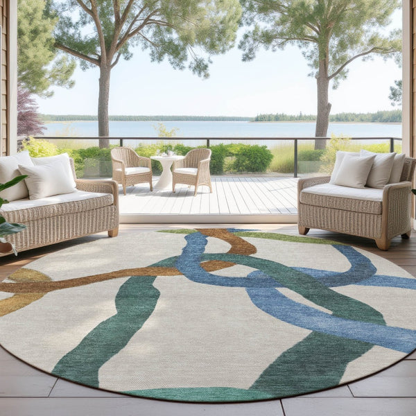 HomeRoots 8' Round Abstract Area Rug in Beige, Blue & Green – Washable, Stain-Resistant for Indoor/Outdoor Use 690245