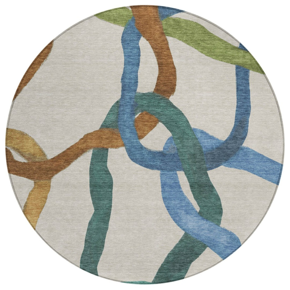 HomeRoots 8' Round Abstract Area Rug in Beige, Blue & Green – Washable, Stain-Resistant for Indoor/Outdoor Use 690245