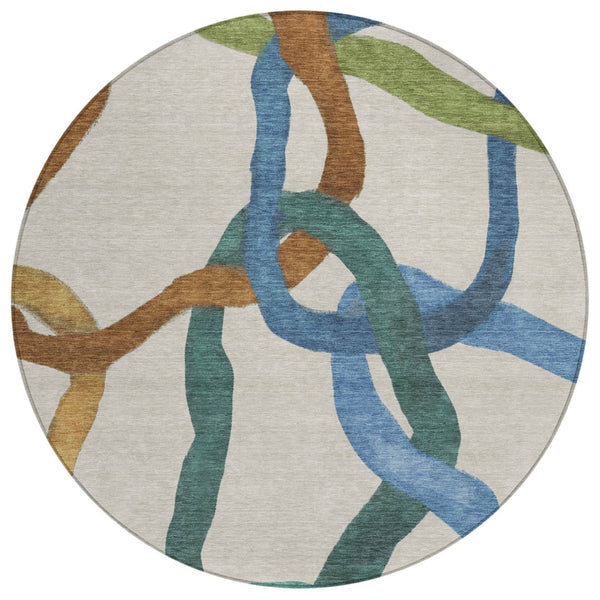 HomeRoots 8' Round Abstract Area Rug in Beige, Blue & Green – Washable, Stain-Resistant for Indoor/Outdoor Use 690245
