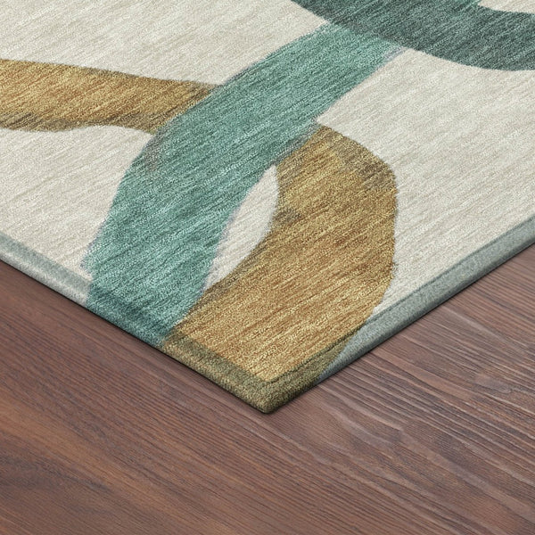 HomeRoots 8' Round Abstract Area Rug in Beige, Blue & Green – Washable, Stain-Resistant for Indoor/Outdoor Use 690245