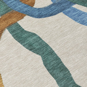 HomeRoots 8' Round Abstract Area Rug in Beige, Blue & Green – Washable, Stain-Resistant for Indoor/Outdoor Use 690245