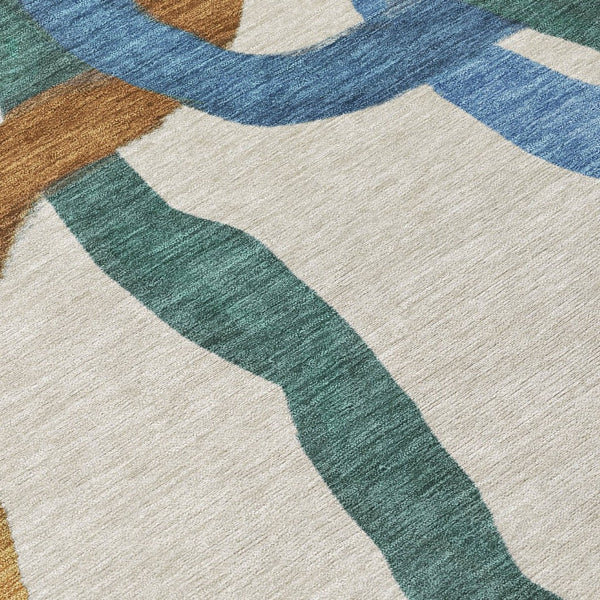 HomeRoots 8' Round Abstract Area Rug in Beige, Blue & Green – Washable, Stain-Resistant for Indoor/Outdoor Use 690245
