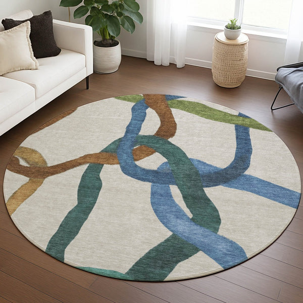 HomeRoots 8' Round Abstract Area Rug in Beige, Blue & Green – Washable, Stain-Resistant for Indoor/Outdoor Use 690245