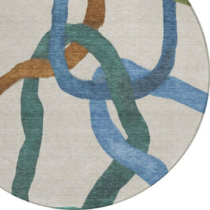 HomeRoots 8' Round Abstract Area Rug in Beige, Blue & Green – Washable, Stain-Resistant for Indoor/Outdoor Use 690245