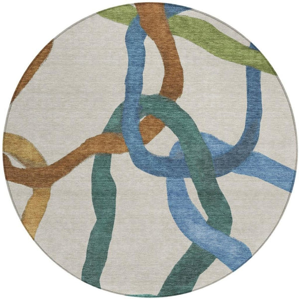 HomeRoots 8' Round Abstract Area Rug in Beige, Blue & Green – Washable, Stain-Resistant for Indoor/Outdoor Use 690245
