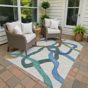 HomeRoots 9' X 12' Abstract Washable Area Rug in Beige, Blue & Green - Durable Indoor/Outdoor Elegance! 690247