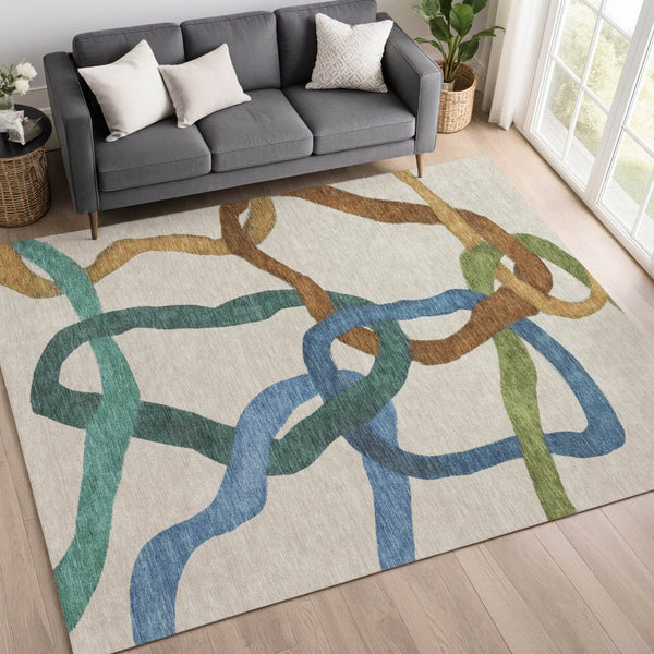 HomeRoots 9' X 12' Abstract Washable Area Rug in Beige, Blue & Green - Durable Indoor/Outdoor Elegance! 690247