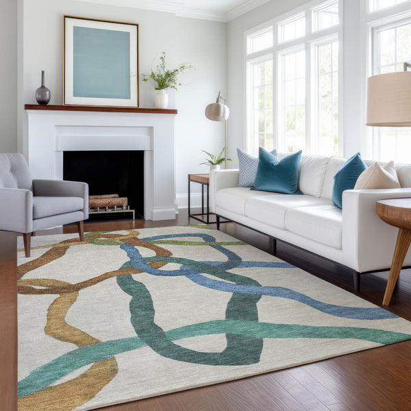 HomeRoots 9' X 12' Abstract Washable Area Rug in Beige, Blue & Green - Durable Indoor/Outdoor Elegance! 690247