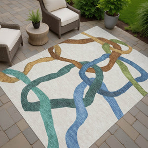 HomeRoots 9' X 12' Abstract Washable Area Rug in Beige, Blue & Green - Durable Indoor/Outdoor Elegance! 690247