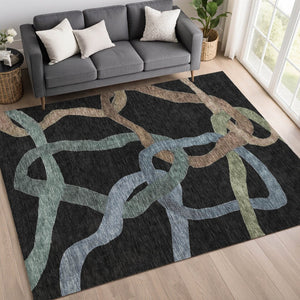HomeRoots 5' Abstract Area Rug in Black, Blue & Copper - Washable, Durable Indoor/Outdoor Design for High Traffic Areas 690250