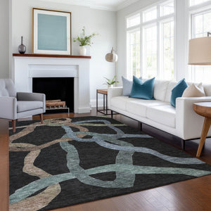HomeRoots 5' Abstract Area Rug in Black, Blue & Copper - Washable, Durable Indoor/Outdoor Design for High Traffic Areas 690250