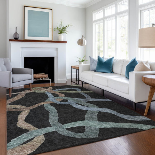 HomeRoots 5' Abstract Area Rug in Black, Blue & Copper - Washable, Durable Indoor/Outdoor Design for High Traffic Areas 690250
