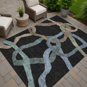 HomeRoots 5' Abstract Area Rug in Black, Blue & Copper - Washable, Durable Indoor/Outdoor Design for High Traffic Areas 690250