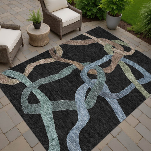 HomeRoots 5' Abstract Area Rug in Black, Blue & Copper - Washable, Durable Indoor/Outdoor Design for High Traffic Areas 690250