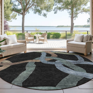 HomeRoots 8' Modern Round Abstract Rug in Black, Blue & Copper - Washable, Durable for Indoor & Outdoor Use! 690251