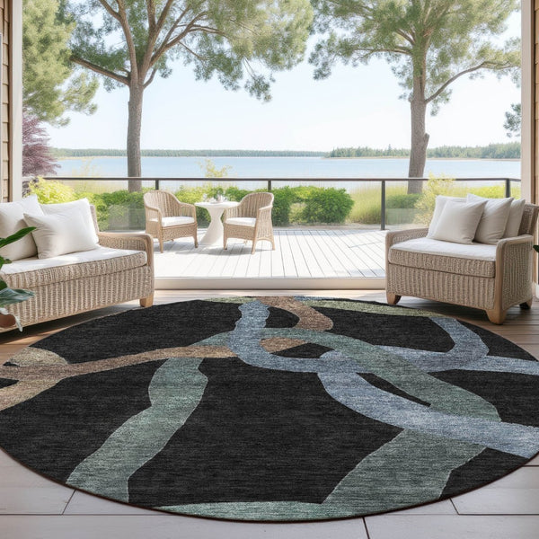 HomeRoots 8' Modern Round Abstract Rug in Black, Blue & Copper - Washable, Durable for Indoor & Outdoor Use! 690251