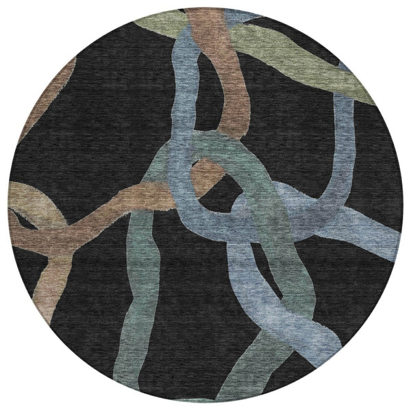 HomeRoots 8' Modern Round Abstract Rug in Black, Blue & Copper - Washable, Durable for Indoor & Outdoor Use! 690251