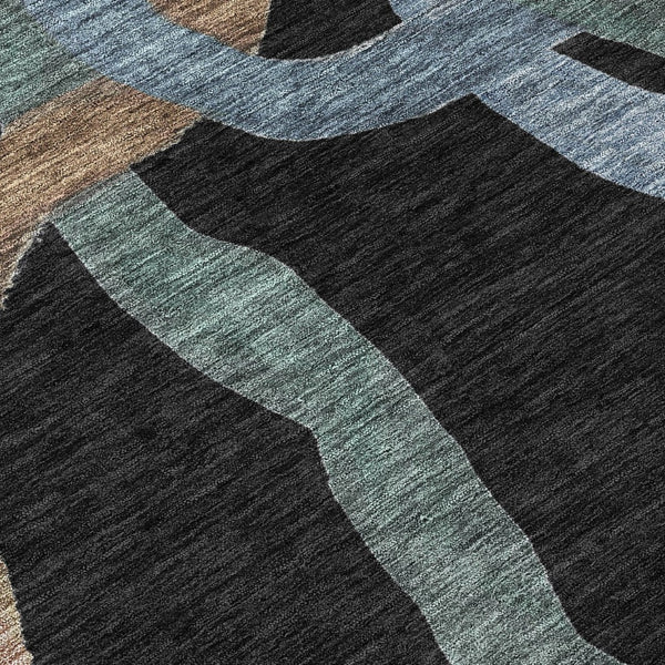 HomeRoots 8' Modern Round Abstract Rug in Black, Blue & Copper - Washable, Durable for Indoor & Outdoor Use! 690251