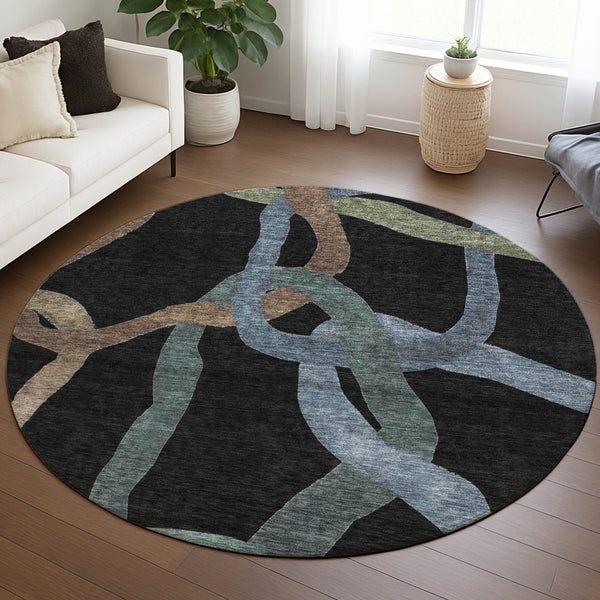 HomeRoots 8' Modern Round Abstract Rug in Black, Blue & Copper - Washable, Durable for Indoor & Outdoor Use! 690251