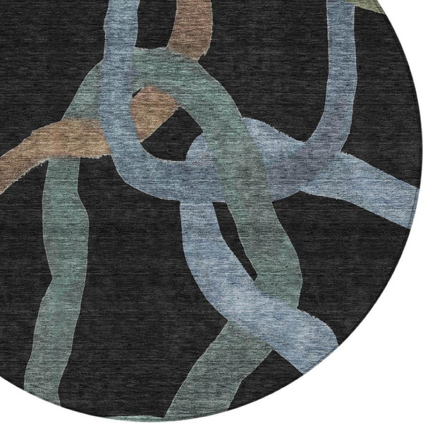 HomeRoots 8' Modern Round Abstract Rug in Black, Blue & Copper - Washable, Durable for Indoor & Outdoor Use! 690251