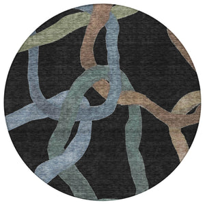 HomeRoots 8' Modern Round Abstract Rug in Black, Blue & Copper - Washable, Durable for Indoor & Outdoor Use! 690251