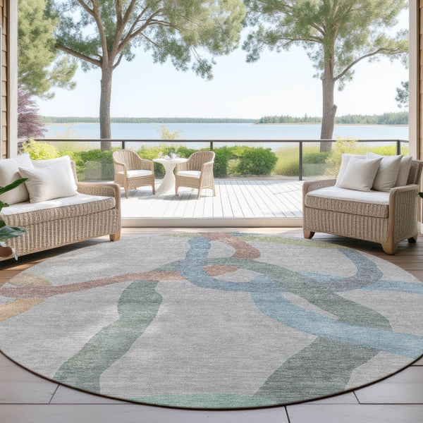 HomeRoots 8' Gray Blue And Copper Round Abstract Area Rug – Stylish, Washable, Durable for Indoor & Outdoor Use 690257