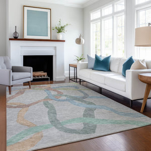 HomeRoots 9' X 12' Washable Gray-Blue and Copper Abstract Area Rug for Stylish Indoor/Outdoor Spaces 690259