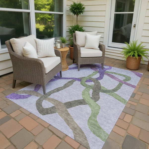 HomeRoots 5' Contemporary Abstract Area Rug in Lavender, Green & Brown – Washable, Indoor/Outdoor Durability 690262