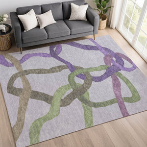 HomeRoots 5' Contemporary Abstract Area Rug in Lavender, Green & Brown – Washable, Indoor/Outdoor Durability 690262