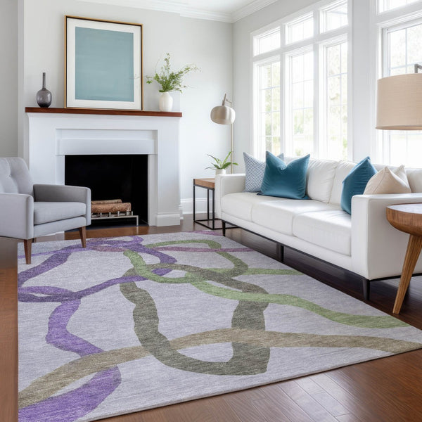 HomeRoots 5' Contemporary Abstract Area Rug in Lavender, Green & Brown – Washable, Indoor/Outdoor Durability 690262