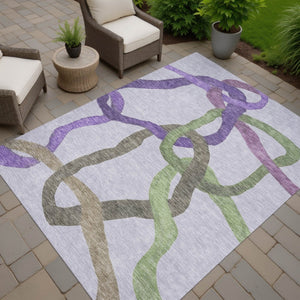 HomeRoots 5' Contemporary Abstract Area Rug in Lavender, Green & Brown – Washable, Indoor/Outdoor Durability 690262
