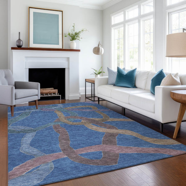 HomeRoots 5' X 8' Abstract Washable Area Rug in Navy, Brown & Mauve – Durable, Stylish for Indoors & Outdoors 690268