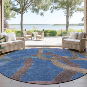 HomeRoots 8' Round Abstract Area Rug in Navy Blue, Brown & Mauve - Washable, Stylish Indoor & Outdoor Decor 690269