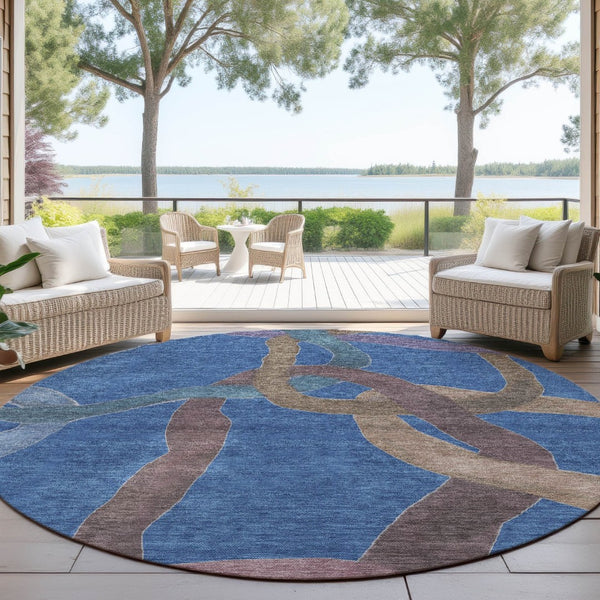 HomeRoots 8' Round Abstract Area Rug in Navy Blue, Brown & Mauve - Washable, Stylish Indoor & Outdoor Decor 690269