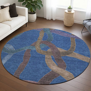 HomeRoots 8' Round Abstract Area Rug in Navy Blue, Brown & Mauve - Washable, Stylish Indoor & Outdoor Decor 690269