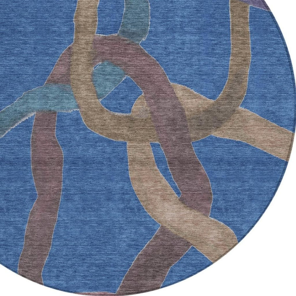 HomeRoots 8' Round Abstract Area Rug in Navy Blue, Brown & Mauve - Washable, Stylish Indoor & Outdoor Decor 690269